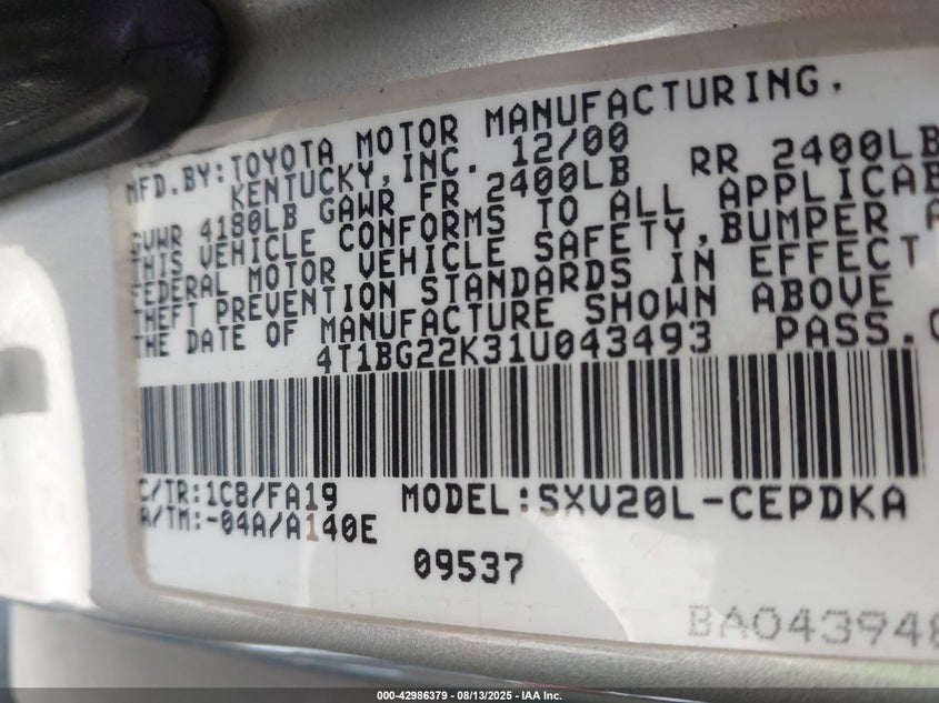 2001 Toyota Camry Ce VIN: 4T1BG22K31U043493 Lot: 42986379