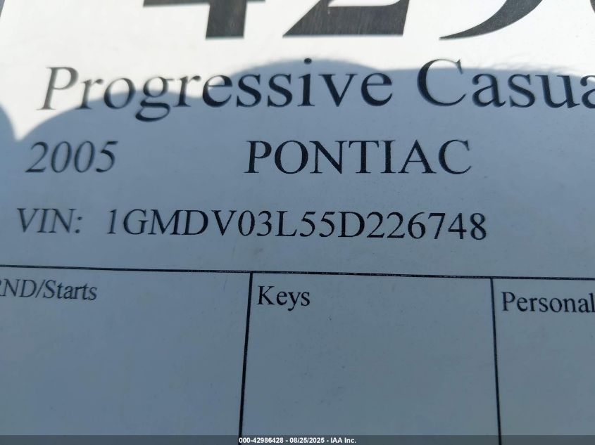2005 Pontiac Montana Sv6 Fwd VIN: 1GMDV03L55D226748 Lot: 42986428