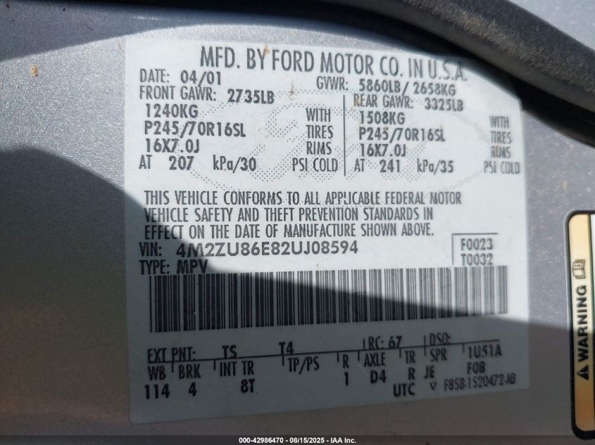 2002 Mercury Mountaineer VIN: 4M2ZU86E82UJ08594 Lot: 42986470