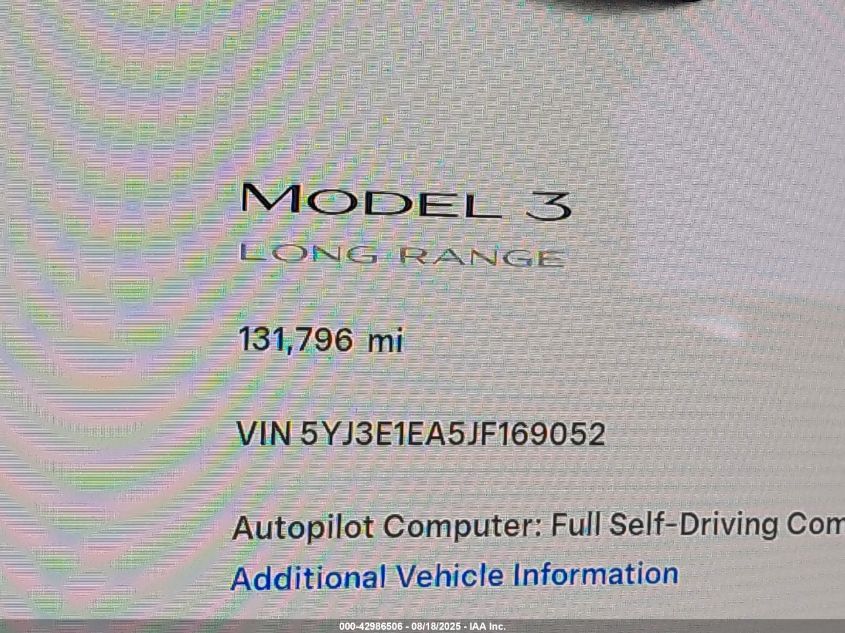 2018 Tesla Model 3 Long Range/Mid Range VIN: 5YJ3E1EA5JF169052 Lot: 42986506