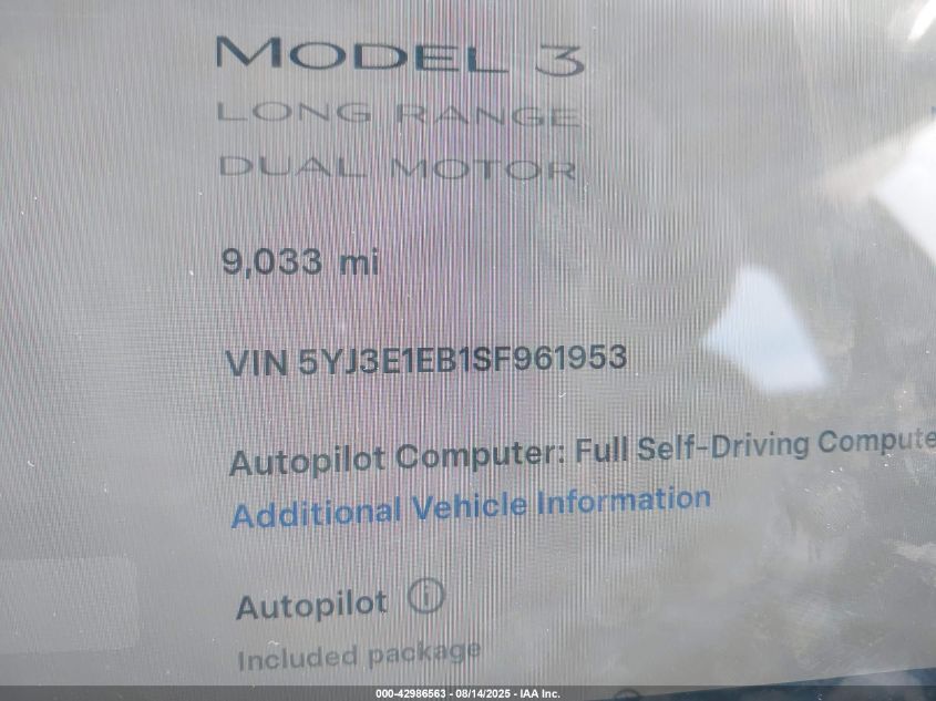 2025 Tesla Model 3 VIN: 5YJ3E1EB1SF961953 Lot: 42986563