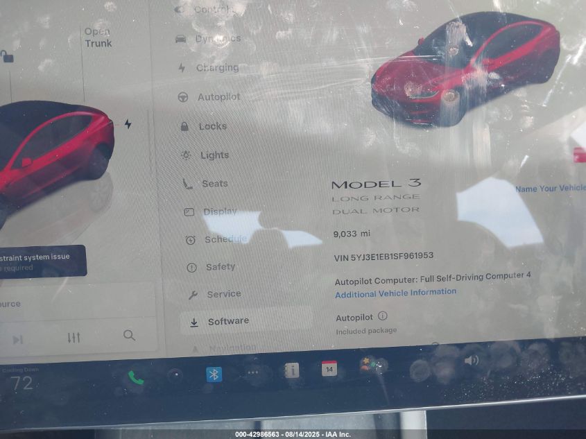 2025 Tesla Model 3 VIN: 5YJ3E1EB1SF961953 Lot: 42986563