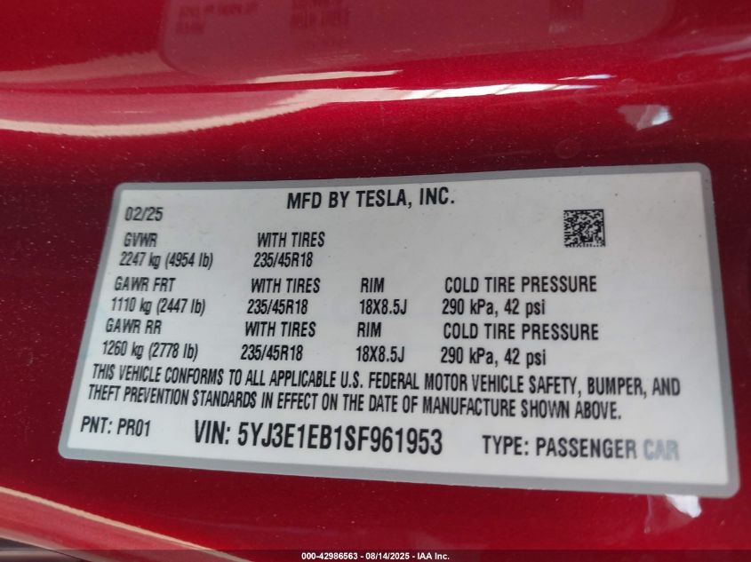 2025 Tesla Model 3 VIN: 5YJ3E1EB1SF961953 Lot: 42986563