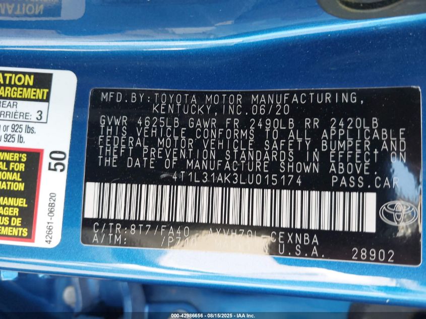 2020 Toyota Camry Le Hybrid VIN: 4T1L31AK3LU015174 Lot: 42986656