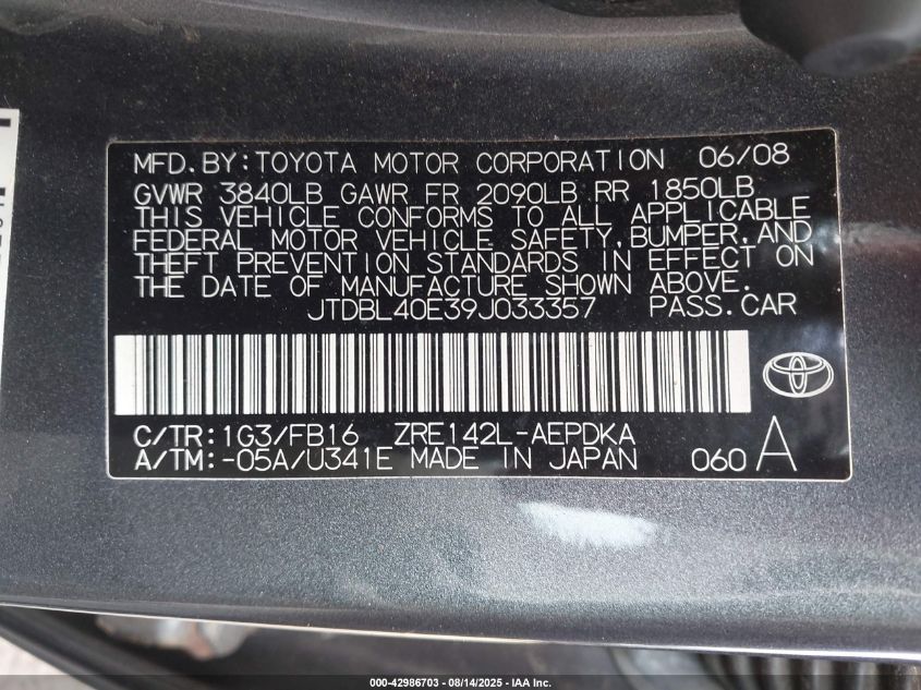 2009 Toyota Corolla Le VIN: JTDBL40E39J033357 Lot: 42986703