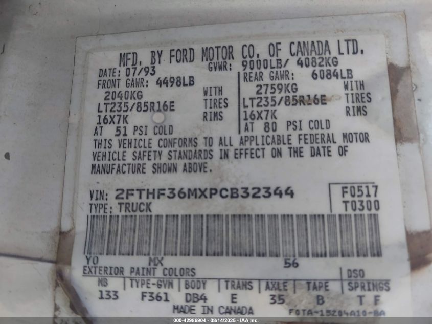 1993 Ford F350 VIN: 2FTHF36MXPCB32344 Lot: 42986904