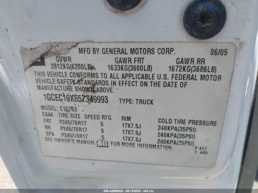 2005 Chevrolet Silverado 1500 Ls VIN: 1GCEC19X65Z349993 Lot: 42986926