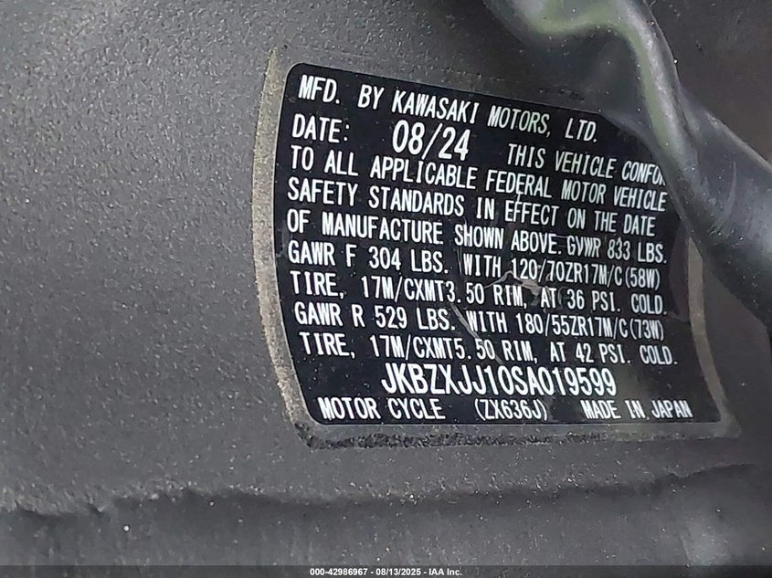 2025 Kawasaki Zx636 K VIN: JKBZXJJ10SA019599 Lot: 42986967