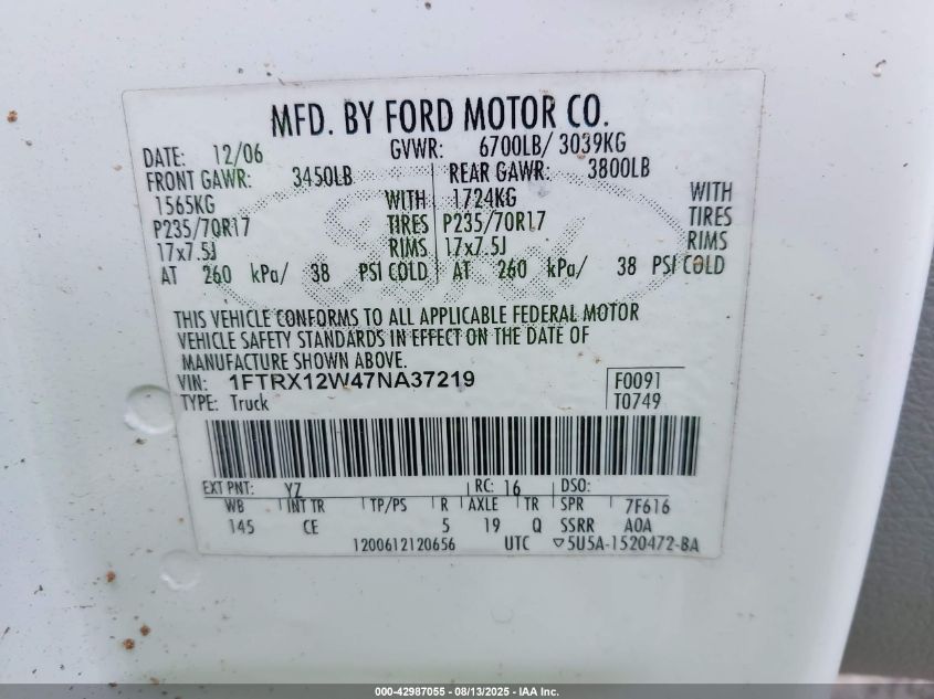 2007 Ford F-150 Stx/Xl/Xlt VIN: 1FTRX12W47NA37219 Lot: 42987055