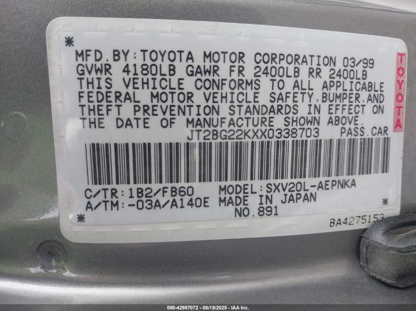 1999 Toyota Camry Le/Xle VIN: JT2BG22KXX0338703 Lot: 42987072