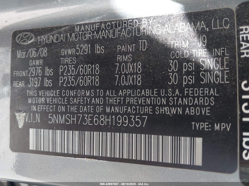 2008 Hyundai Santa Fe Limited/Se VIN: 5NMSH73E68H199357 Lot: 42987087