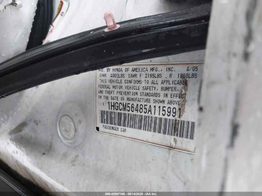 2005 Honda Accord 2.4 Lx VIN: 1HGCM56485A115991 Lot: 42987106