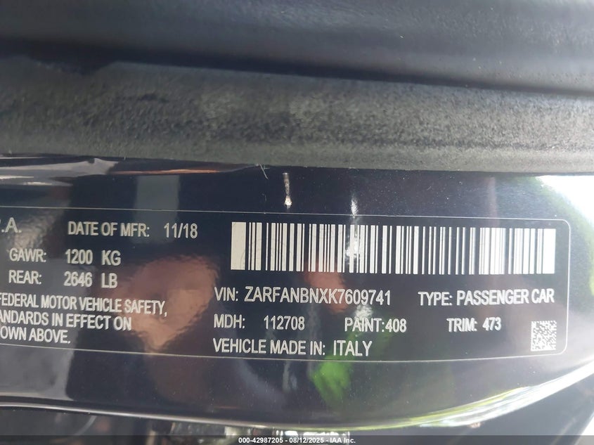 VIN ZARFANBNXK7609741 2019 ALFA ROMEO GIULIA TI SPORT AWD