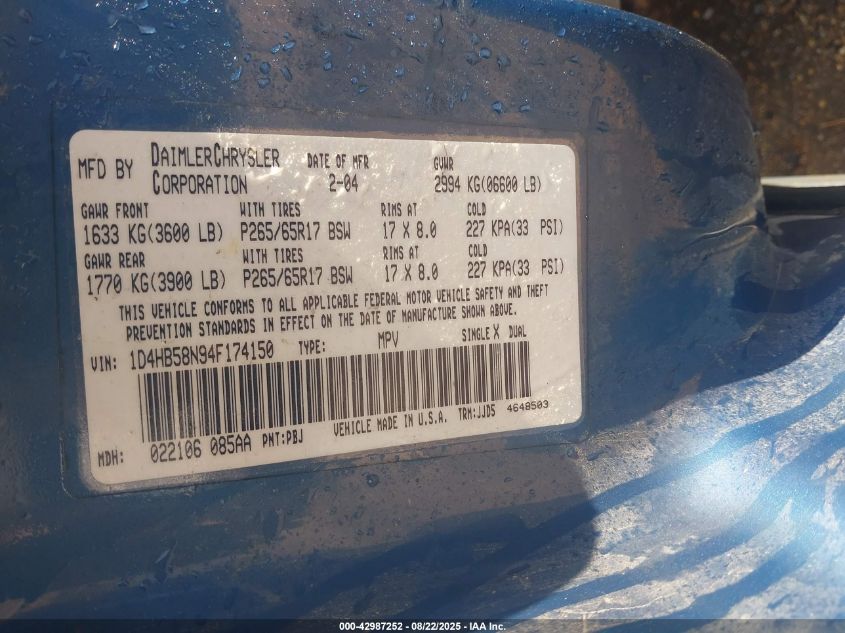 2004 Dodge Durango Limited VIN: 1D4HB58N94F174150 Lot: 42987252