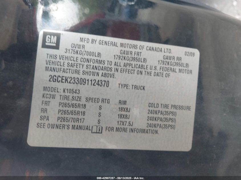 2009 Chevrolet Silverado 1500 Lt VIN: 2GCEK233091124370 Lot: 42987257