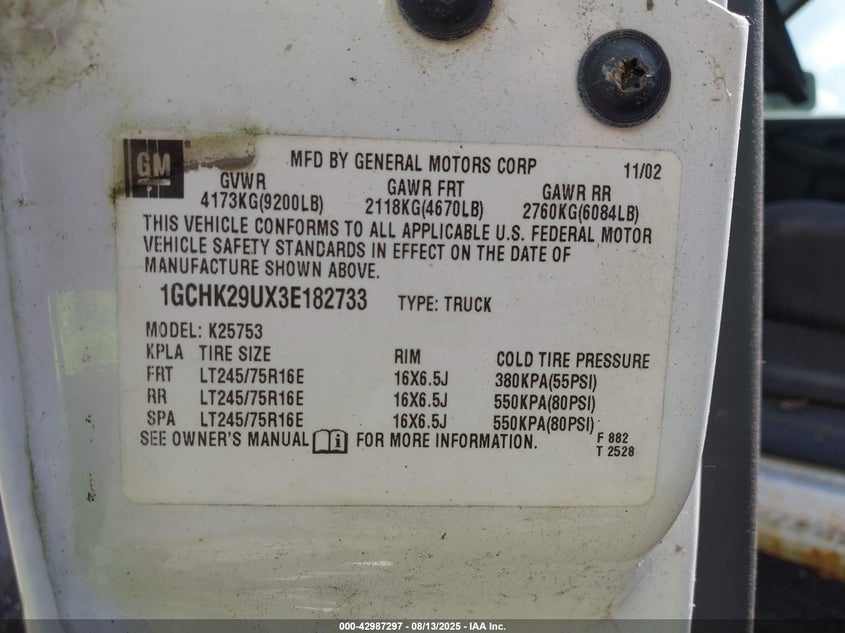 2003 Chevrolet Silverado 2500Hd VIN: 1GCHK29UX3E182733 Lot: 42987297