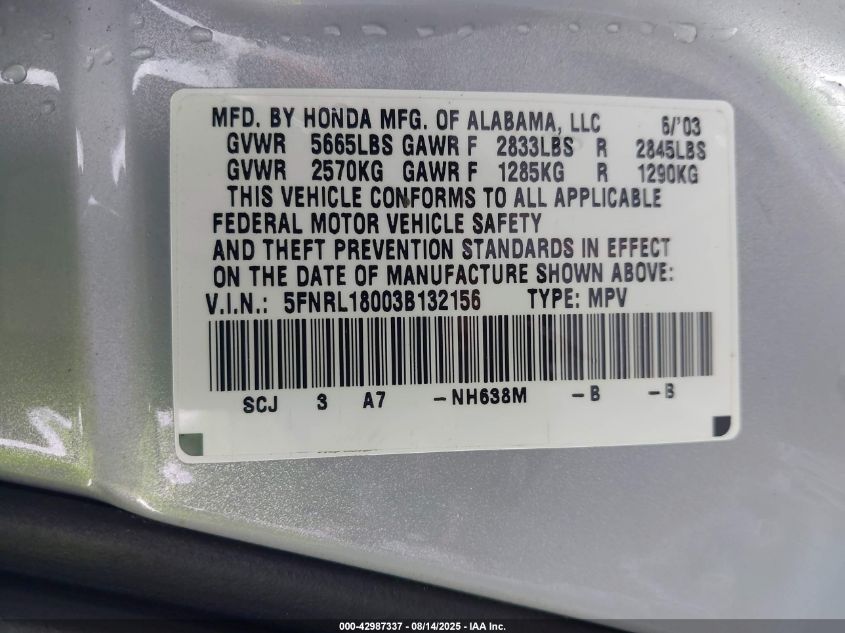 2003 Honda Odyssey Ex-L VIN: 5FNRL18003B132156 Lot: 42987337