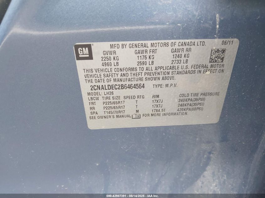 2011 Chevrolet Equinox Lt VIN: 02CNALDEC2B646456 Lot: 42987391