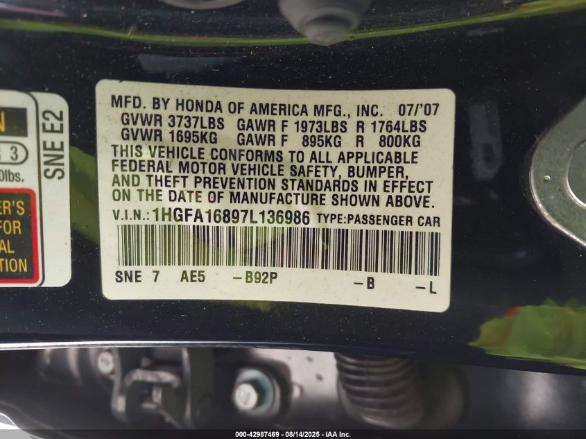 2007 Honda Civic Ex VIN: 1HGFA16897L136986 Lot: 42987469