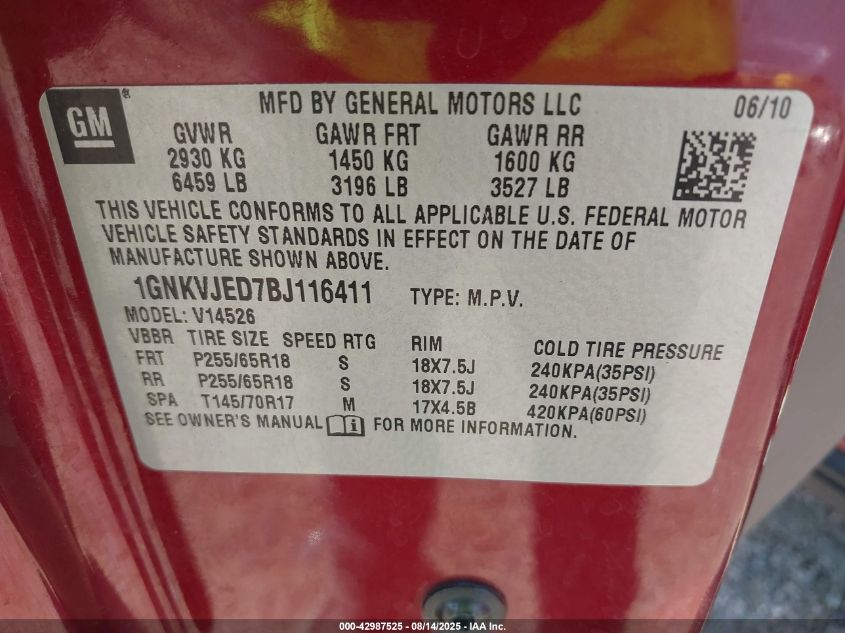 2011 Chevrolet Traverse 2Lt VIN: 1GNKVJED7BJ116411 Lot: 42987525