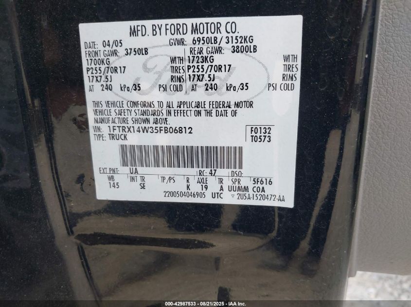 2005 Ford F150 VIN: 1FTRX14W35FB06812 Lot: 42987533