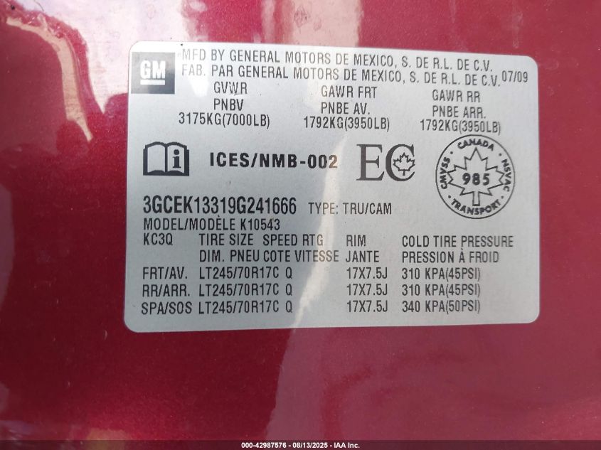 2009 Chevrolet Silverado 1500 Ltz/Work Truck VIN: 3GCEK13319G241666 Lot: 42987576