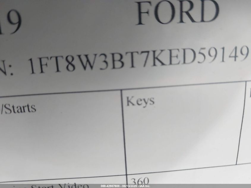 2019 Ford F-350 Lariat VIN: 1FT8W3BT7KED59149 Lot: 42987608