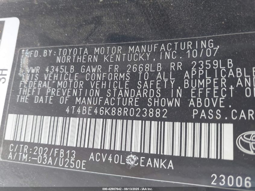 2008 Toyota Camry Le VIN: 4T4BE46K88R023882 Lot: 42987642