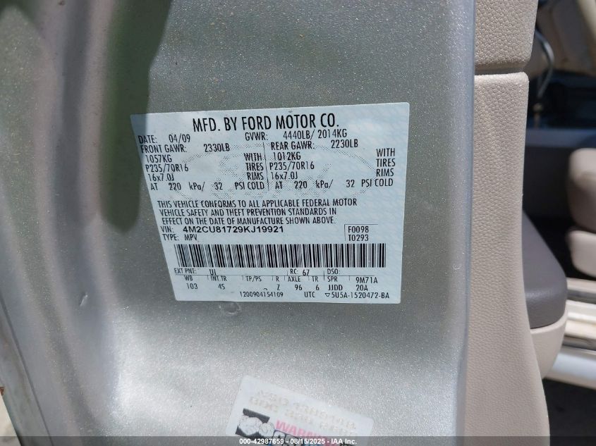 2009 Mercury Mariner I4 VIN: 4M2CU81729KJ19921 Lot: 42987659