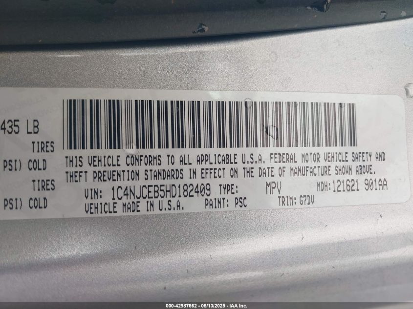 2017 Jeep Compass Latitude Fwd VIN: 1C4NJCEB5HD182409 Lot: 42987662