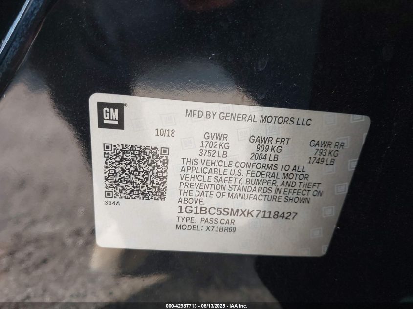 2019 Chevrolet Cruze Ls VIN: 1G1BC5SMXK7118427 Lot: 42987713