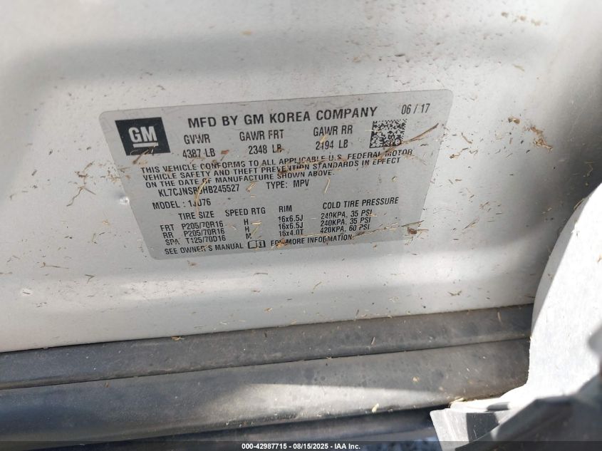 2017 Chevrolet Trax Ls VIN: KL7CJNSB9HB245527 Lot: 42987715