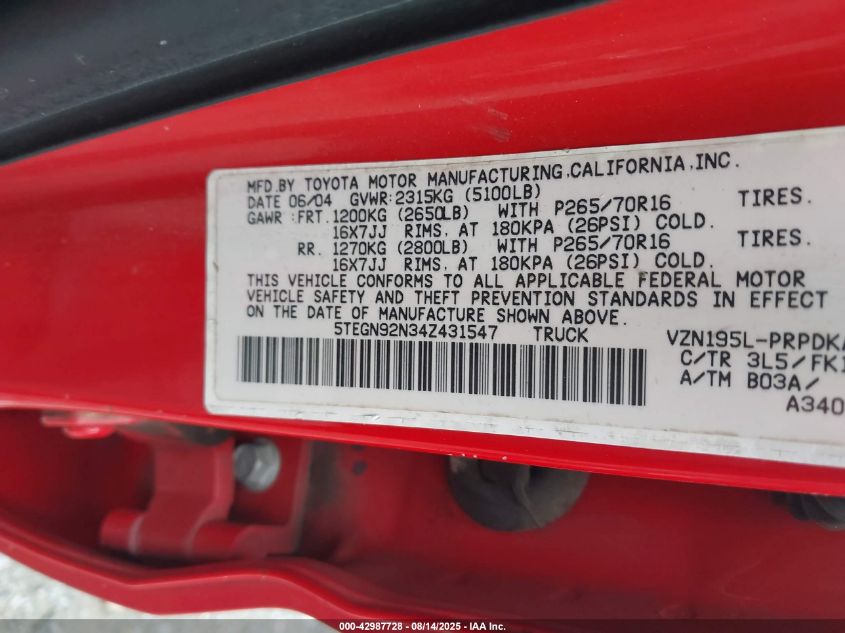 2004 Toyota Tacoma Prerunner V6 VIN: 5TEGN92N34Z431547 Lot: 42987728
