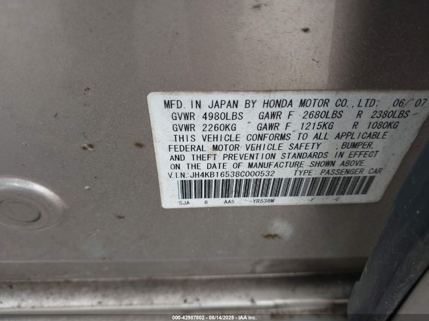 2008 Acura Rl 3.5 VIN: JH4KB16538C000532 Lot: 42987802