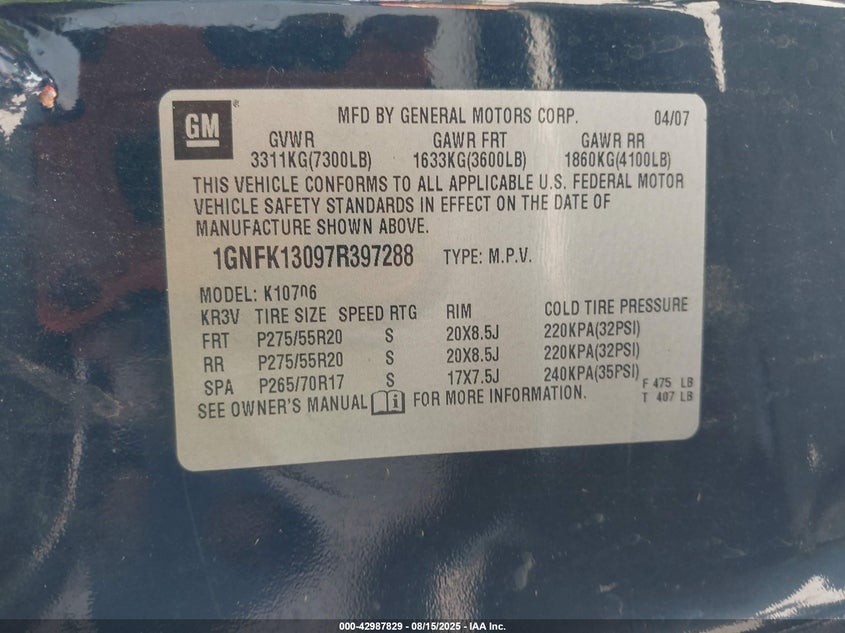 2007 Chevrolet Tahoe Ltz VIN: 1GNFK13097R397288 Lot: 42987829