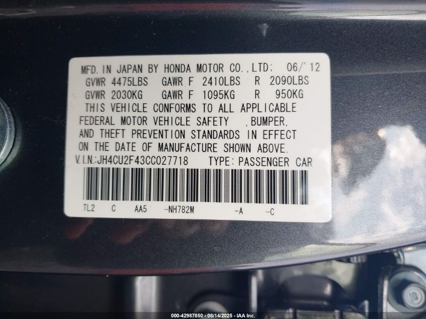 2012 Acura Tsx 2.4 VIN: JH4CU2F43CC027718 Lot: 42987850