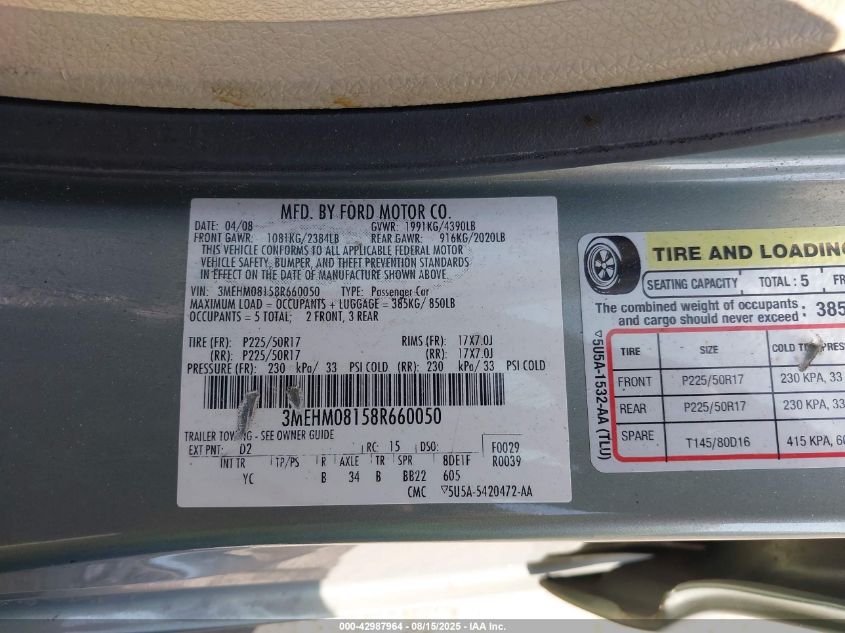 2008 Mercury Milan V6 Premier VIN: 3MEHM08158R660050 Lot: 42987964