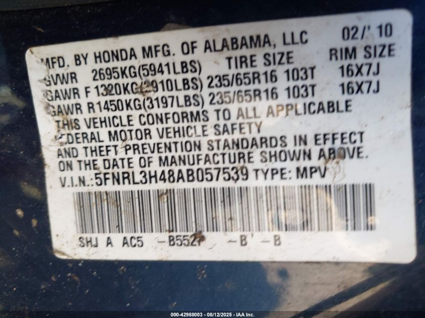 2010 Honda Odyssey Ex VIN: 5FNRL3H48AB057539 Lot: 42988003