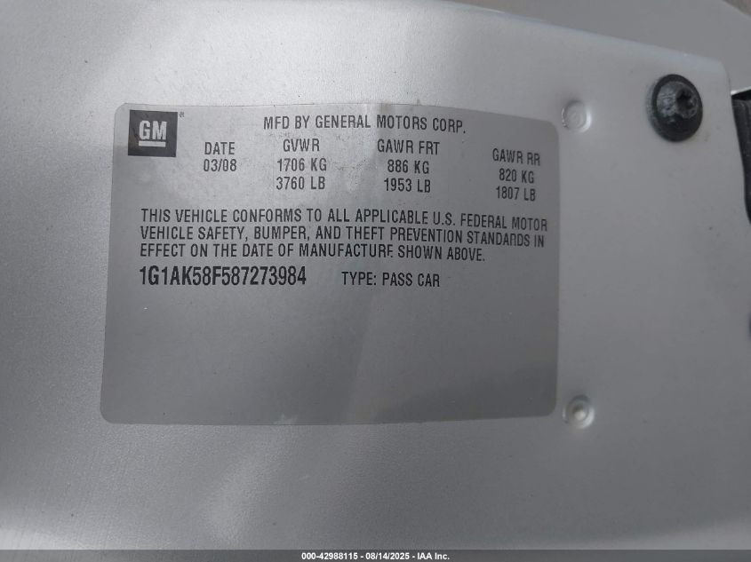 2008 Chevrolet Cobalt Ls VIN: 1G1AK58F587273984 Lot: 42988115