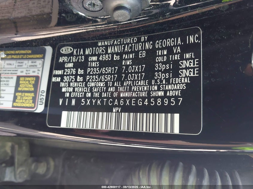 2014 Kia Sorento Lx VIN: 5XYKTCA6XEG458957 Lot: 42988117