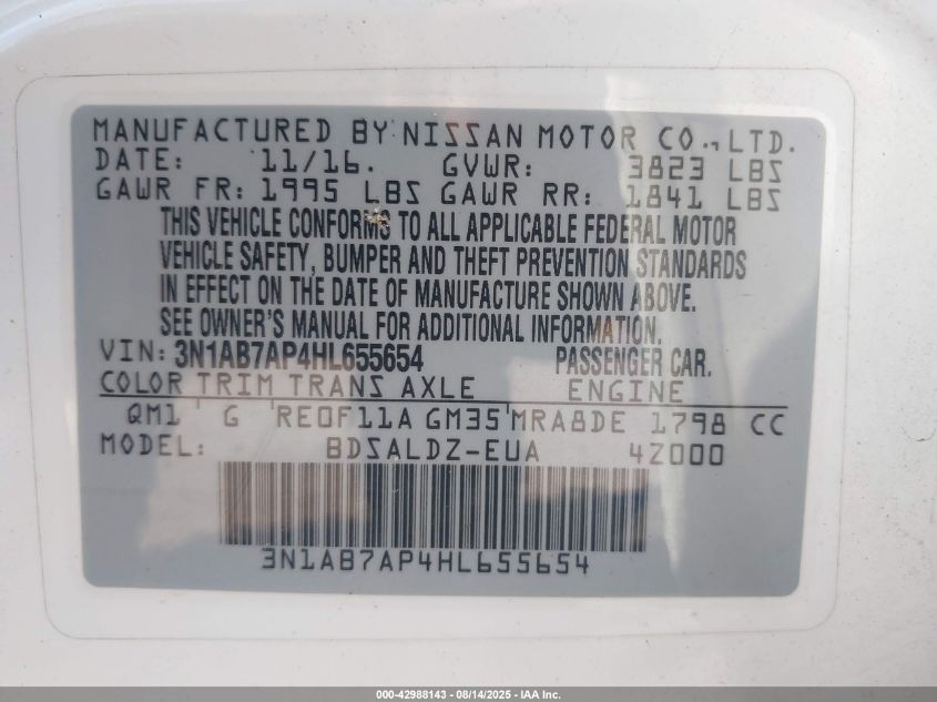 2017 Nissan Sentra Sv VIN: 3N1AB7AP4HL655654 Lot: 42988143