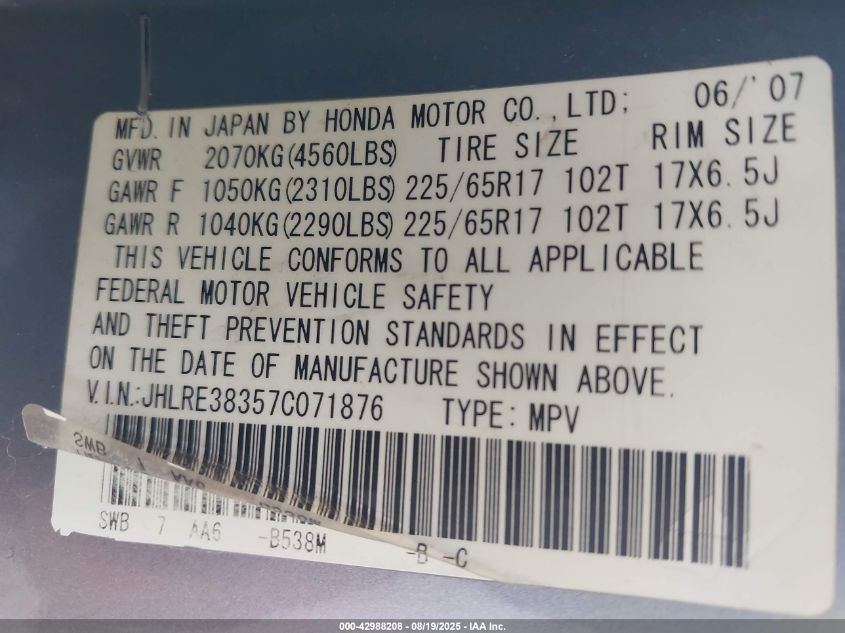 2007 Honda Cr-V Lx VIN: JHLRE38357C071876 Lot: 42988208