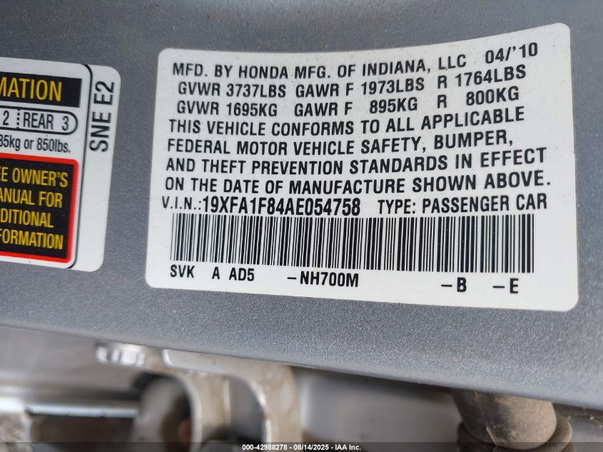 2010 Honda Civic Ex VIN: 19XFA1F84AE054758 Lot: 42988278