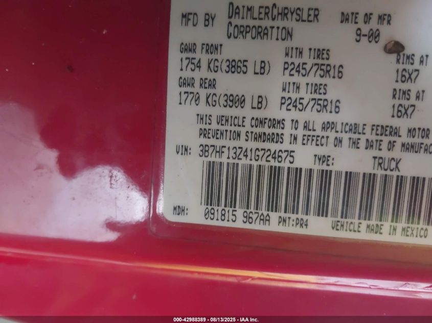 2001 Dodge Ram 1500 St VIN: 3B7HF13Z41G724675 Lot: 42988389
