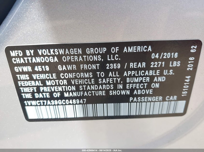 2016 VOLKSWAGEN PASSAT 1.8T SEL - 1VWCT7A39GC048947