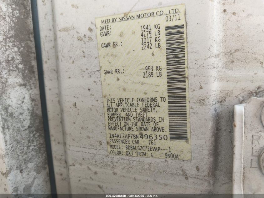 2011 Nissan Altima 2.5 S VIN: 1N4AL2AP7BN496350 Lot: 42988450