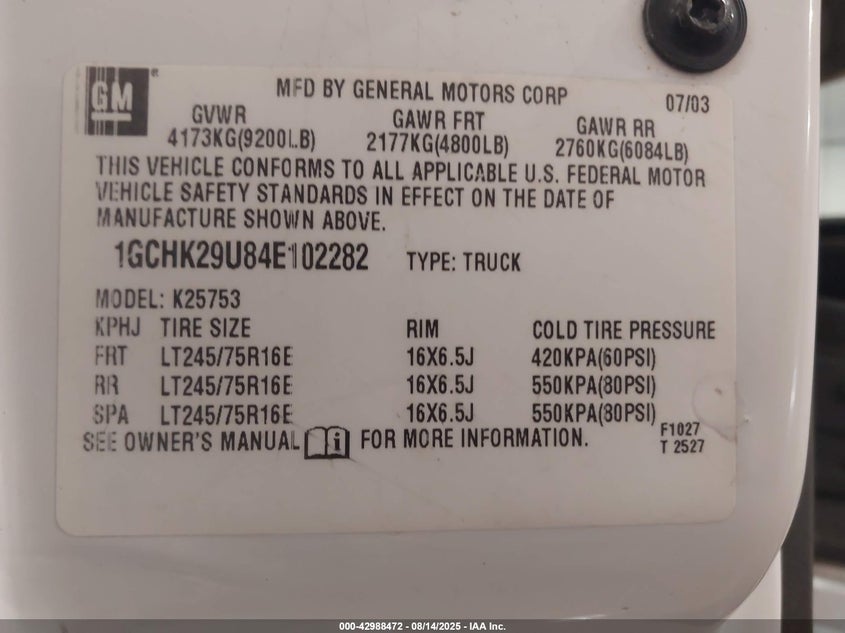 2004 Chevrolet Silverado 2500Hd Ls VIN: 1GCHK29U84E102282 Lot: 42988472