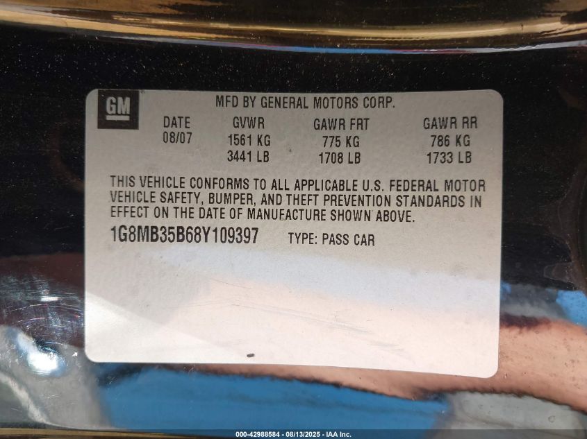 2008 Saturn Sky VIN: 1G8MB35B68Y109397 Lot: 42988584