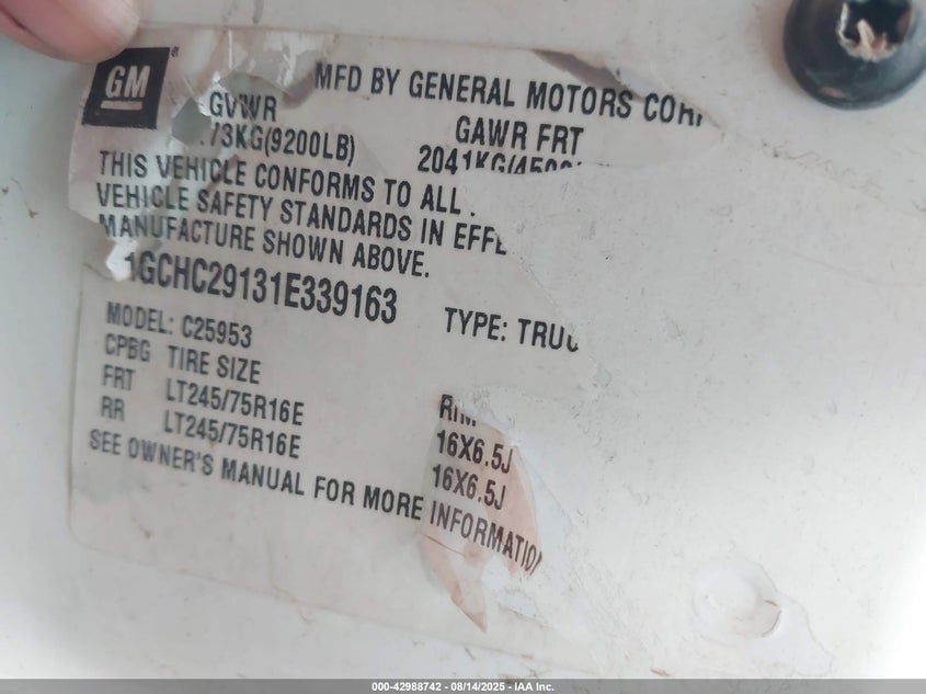 2001 Chevrolet Silverado 2500Hd Ls VIN: 1GCHC29131E339163 Lot: 42988742