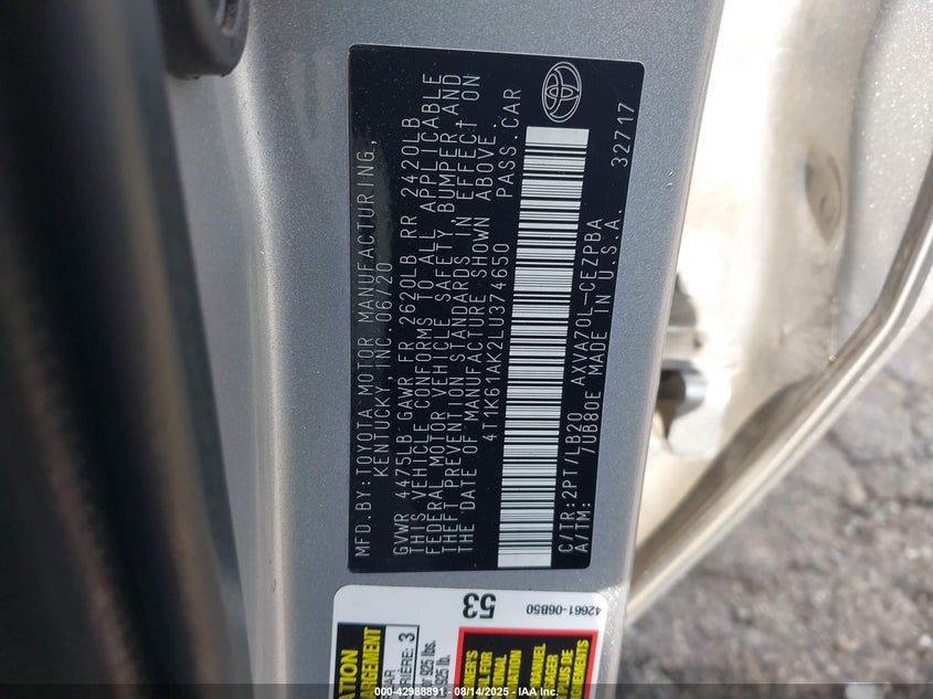 2020 Toyota Camry Xse VIN: 4T1K61AK2LU374650 Lot: 42988891